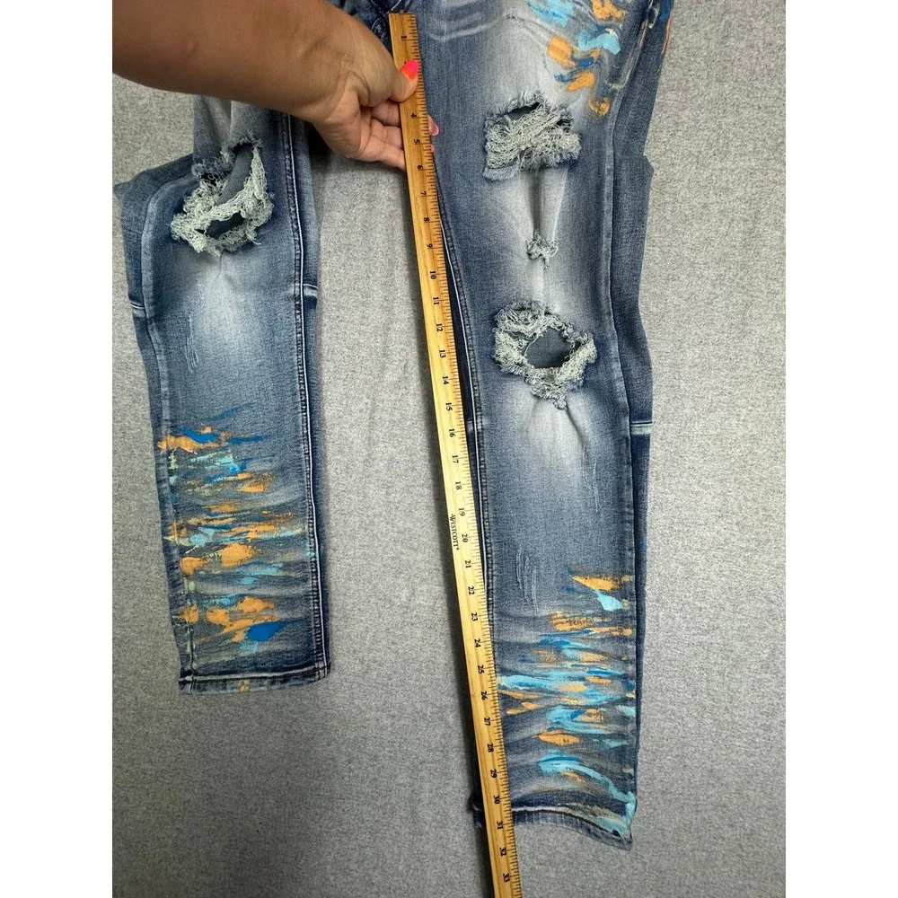 KDNK Men'KDNK Jean Mens 33x31 Distressed Ripped Paint Splatter Denim Design Blue